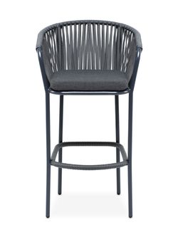 "Бордо" стул барный плетеный из роупа, каркас из стали темно-серый (RAL7024) муар, роуп серый 15мм, ткань темно-серая 027 NEW