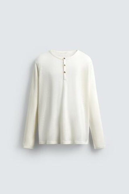 ZARA ФУТБОЛКА С ВОРОТНИКОМ НА ПУГОВИЦАХ, ЭКРЮ