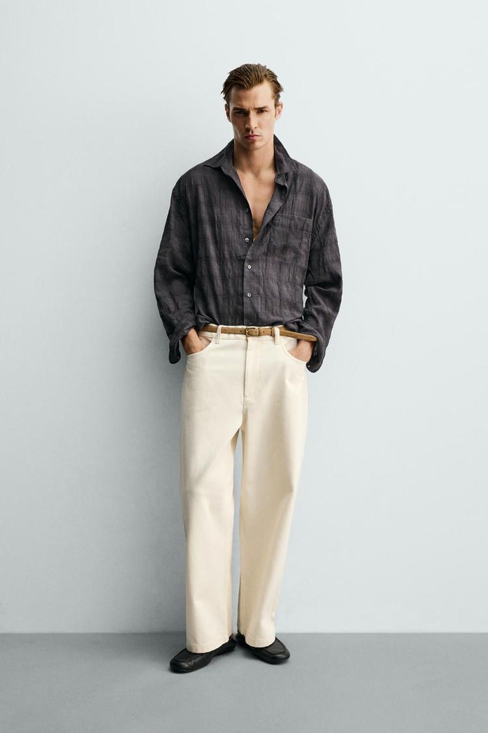 ZARA РУБАШКА RELAXED FIT В КЛЕТКУ, АНТРАЦИТОВО-СЕРЫЙ