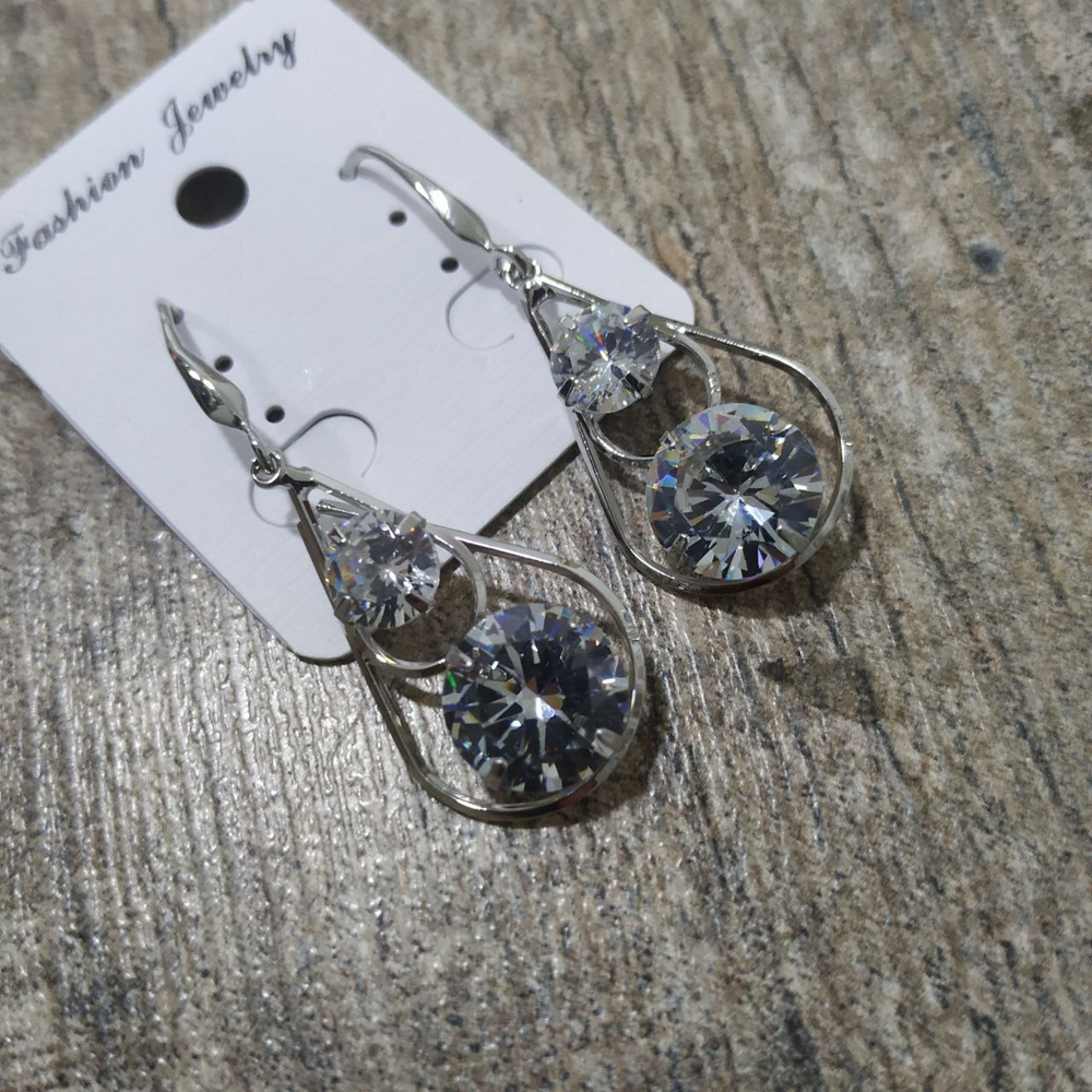 Серьги-пиетли Cubic Zirconia подвеска 2 кристалла в двойной капле цвет прозачный металл серебристый