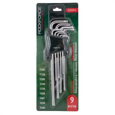 Набор ключей Г-образных TORX экстра длинных, 9пр. (Т10Н, Т15Н, Т20Н, Т25Н,Т27Н, Т30Н, Т40Т, Т45Н,Т50Н с отверстием) в пластиковом держателе RockForce##Rock FORCE RF-5098TXL