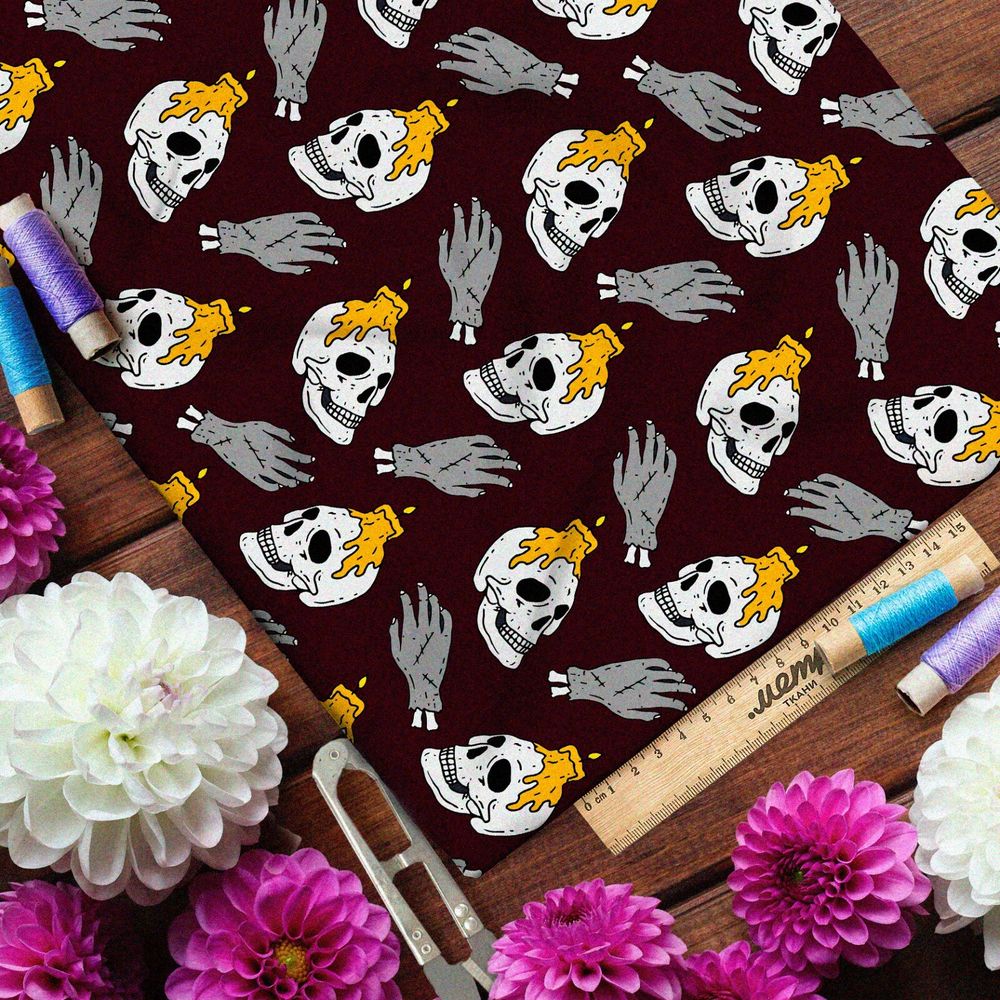 Ткань оксфорд 600 черепа с горящими свечами и серые кисти