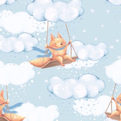 Лисята на качелях, детский голубой паттерн