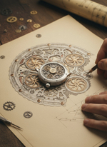 Рука мастера создаёт эскиз настенных часов WOODandROOT Automaton Bite 1682 с элементами механизма наручных часов и зубчатыми шестерёнками