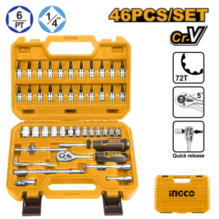 Набор торцевых головок с трещоткой INGCO HKTS14462 INDUSTRIAL 1/4" 4-14 мм 46 шт.