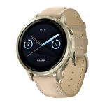Спортивные часы Garmin Venu 4, 41 мм, светло-песочный кожаный ремешок, силиконовый ремешок цвета кости Безель из нержавеющей стали цвета «лунное золото», корпус цвета «лунное золото», AMOLED-дисплей со стеклом Gorilla Glass. Ремешок с классической застёжк