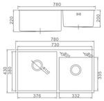 Мойка из нержавеющей стали 2-чашевая, 78x43. Толщина 3.0мм