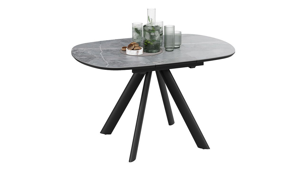 Стол кухонный обеденный раздвижной Черный муар/Керамика матовая серый мрамор 100(135)х90х76 см