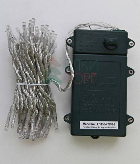 Светодиодная гирлянда 5 м., 3 батарейки типа D 4.5V, 50 LED ламп холодного белого цвета, таймер, прозрачный провод, LTC (EST50-4W10-8W)
