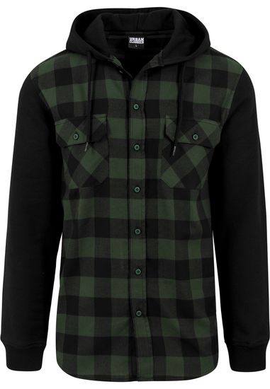 Рубашка URBAN CLASSICS Hooded Checked Flanell Sweat Sleeve Shirt  (Black/Forest/Black)