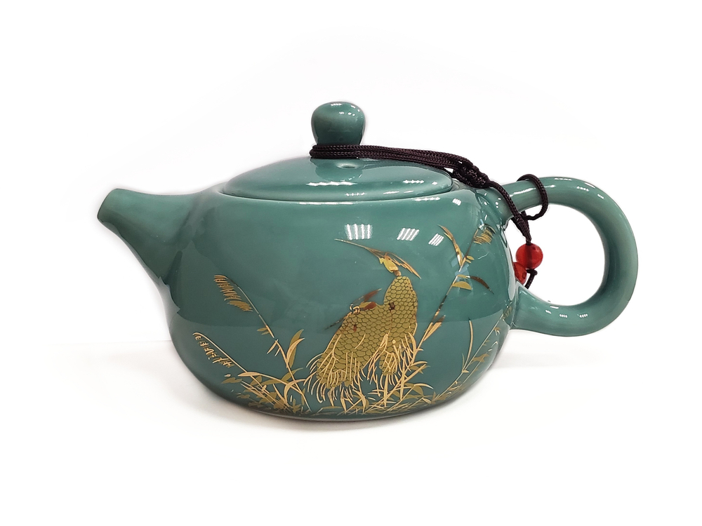 268084 Чайник ЖУРАВЛИ "Цапли", h=8см,d=15см, 200мл, фарфор селадон/белый