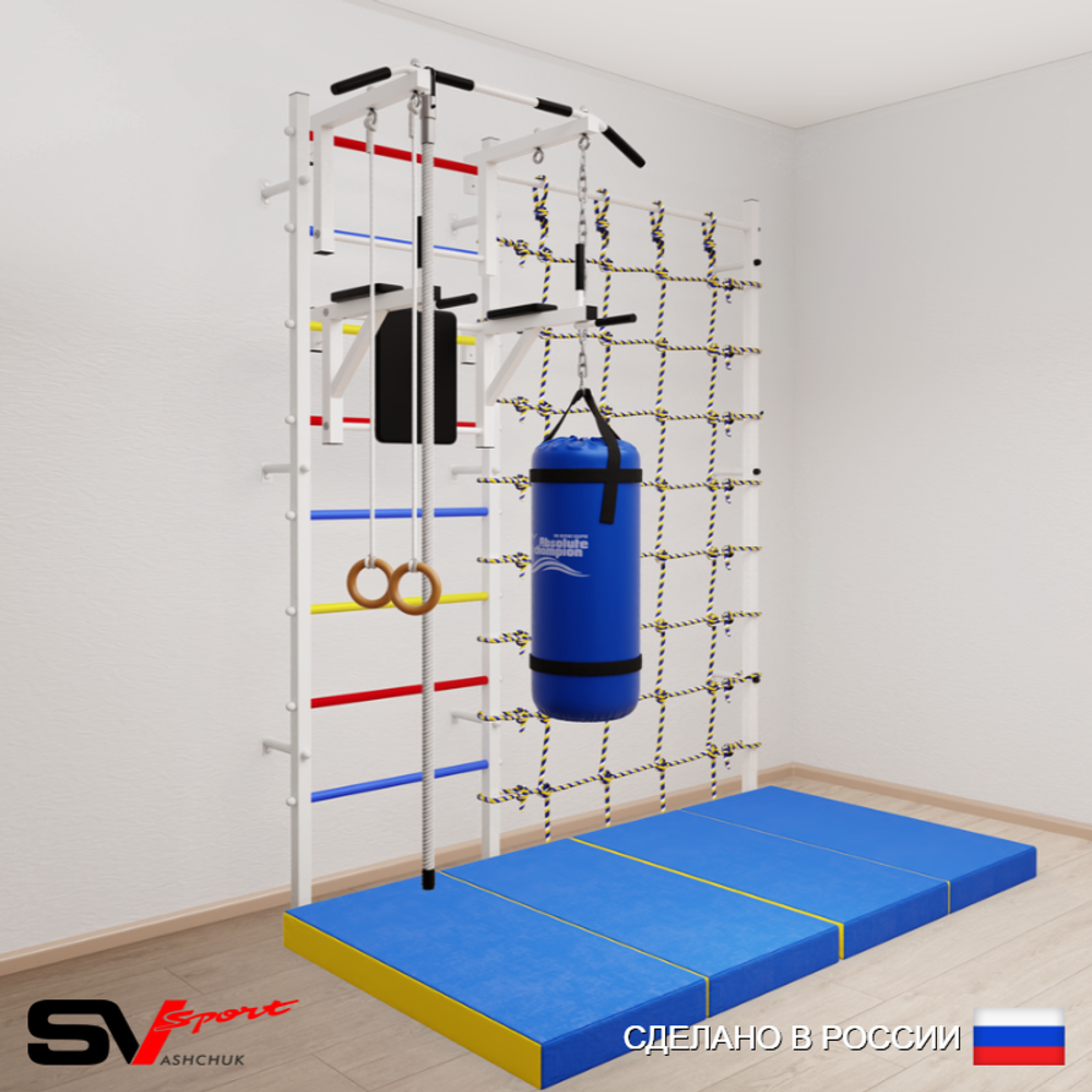 Шведская стенка Sv Sport усиленная 67460 (Турник стандарт/Брусья/Канат/Кольца/Цепь/Мешок 22кг/Мат 2м/Канатный лаз)