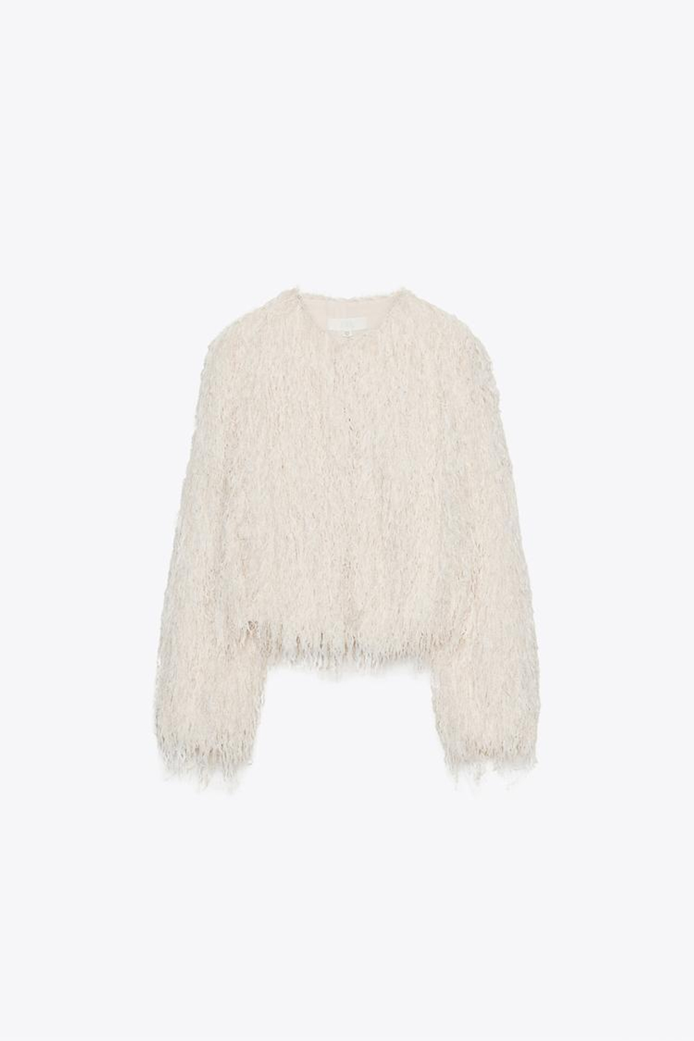 ZARA КУРТКА С БАХРОМОЙ, ПЕРЬЯМИ И МЕТАЛЛИЗИРОВАННОЙ НИТЬЮ, ЭКРЮ