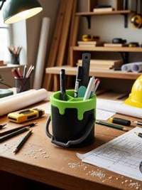 Карандашница "Ведро с краской", 9 см высота, 3D печать, черная с салатовым