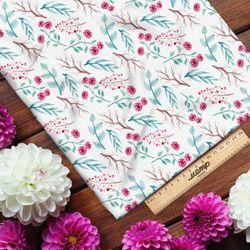 Ткань поплин красные веточки на белом