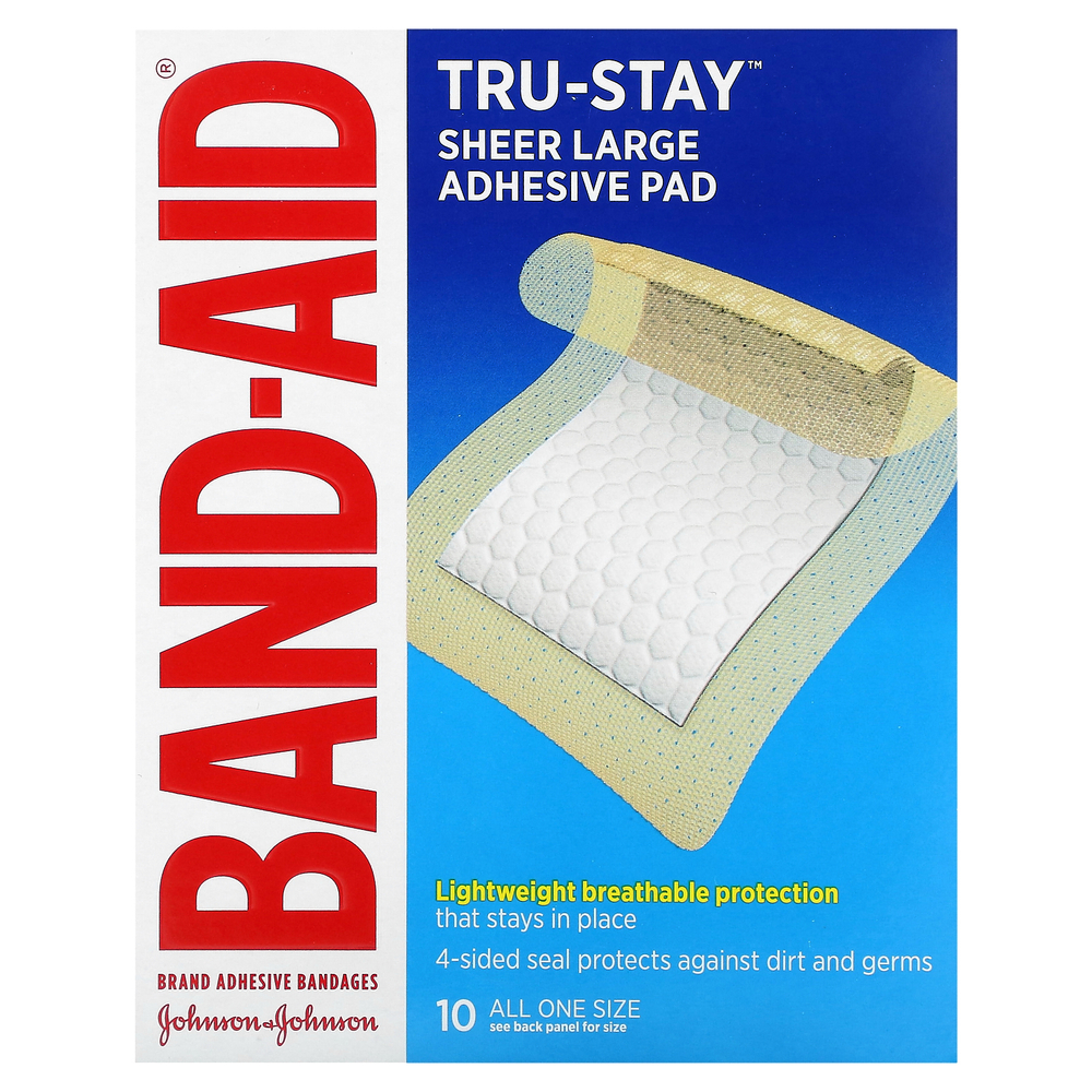 Band Aid, Tru-Stay Sheer, лейкопластыри, большие лейкопластыри, 10 шт.