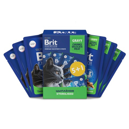 Набор паучей BRIT PREMIUM для стерилизованных кошек цыпленок в соусе 85г 5+1