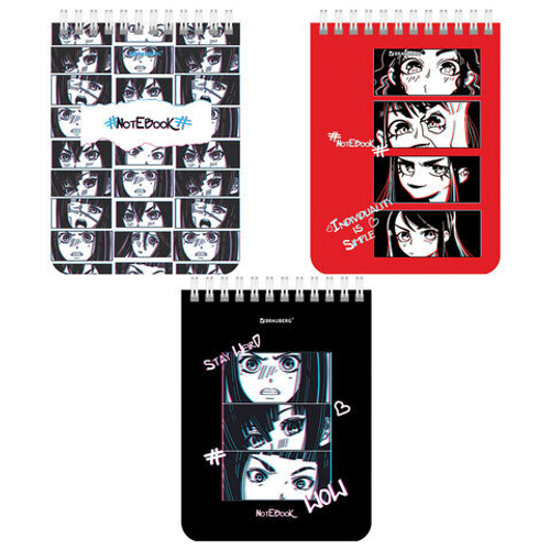 Блокнот МАЛЫЙ ФОРМАТ А6 108х145 мм, 40 л., гребень, картон, клетка, BRAUBERG, "Anime emotions", 1143