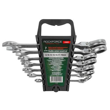 Набор ключей комбинированных трещоточных с шарниром 7пр.(8,10,12,13,14,17,19мм), в пластиковом держателе Rock FORCE RF-51072F  RF-51072F
