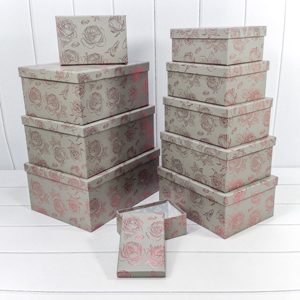 Коробка 34х26х15.3 см Набор 10 шт "Розы" с тиснением (Серый)