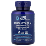 Life Extension, Super Omega-3, рыбий жир с ЭПК и ДГК, лигнанами кунжута и экстрактом оливы, 60 капсул, покрытых кишечнорастворимой оболочкой