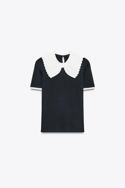 ZARA ФУТБОЛКА С ТРИКОТАЖНЫМ ВОРОТНИКОМ И БАНТОМ, ЧЕРНЫЙ