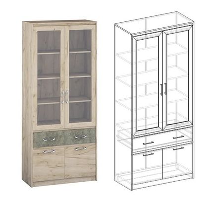 Стеллаж Дакота №2 серый крафт/тиз серый + полки (стекло)