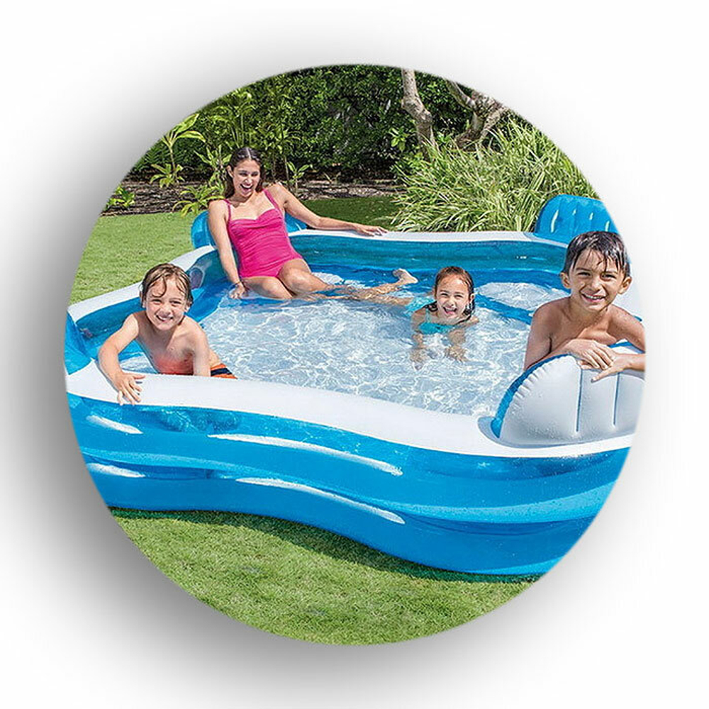 Бассейн надувной Intex 56475 Swim Center Family Lounge 229х229х66 см / Квадратный бассейн Интекс с сиденьями и спинками для дачи и отдыха