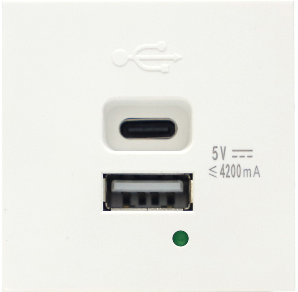 USB зарядное устройство,  4.2A ,  Type A + C,  2 мод.,  бел. (45х45мм)