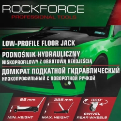 Домкрат подкатной гидравлический низкопрофильный 3т (усиленный корпус,поворотная ручка 360°,h min 85мм, h max 380мм) RockForce##Rock FORCE RF-T825010