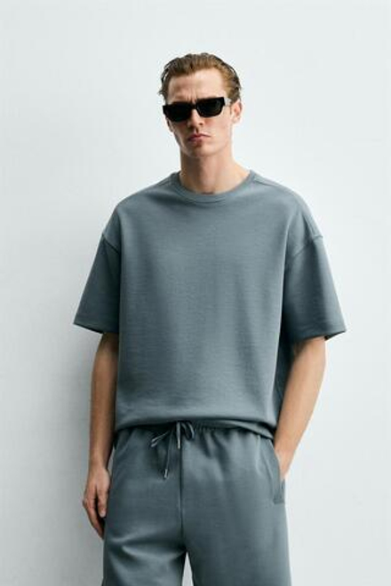ZARA ФУТБОЛКА RELAXED FIT ИЗ ИНТЕРЛОКА, УТИНО-СИНИЙ