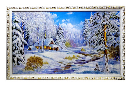 Репродукция с подсыпкой уральскими минералами " Зимний пейзаж" в деревянном багете, размер 108-68-3см