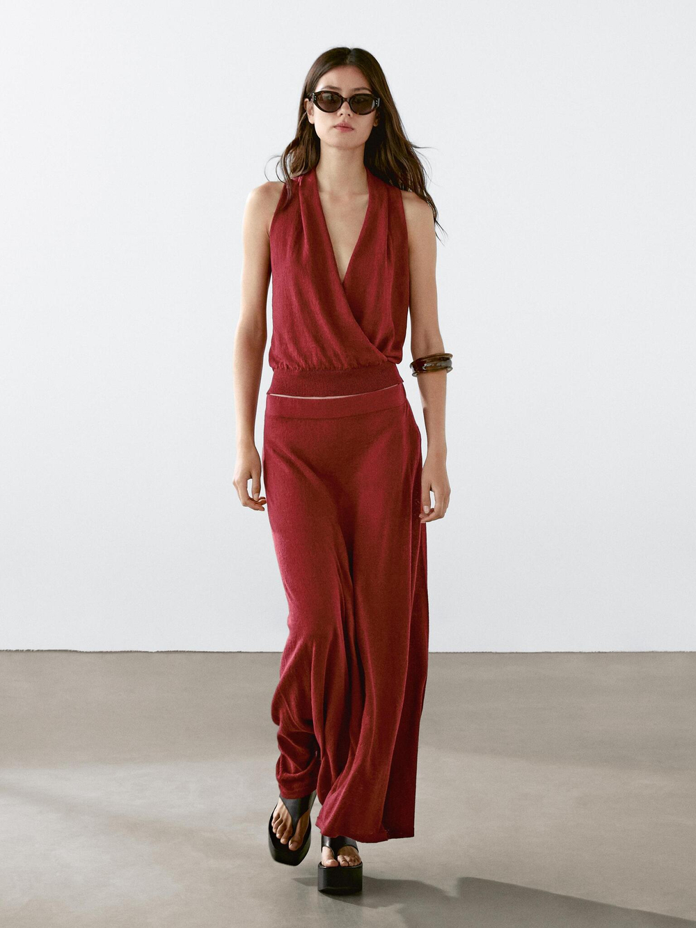 Massimo Dutti Длинная юбка из льняного трикотажа с воланом, темно-розовый