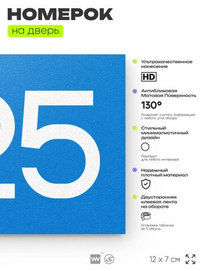 Номер на дверь 925, табличка на дверь для офиса, квартиры, кабинета, аудитории, склада, голубая 120х70 мм, Айдентика Технолоджи