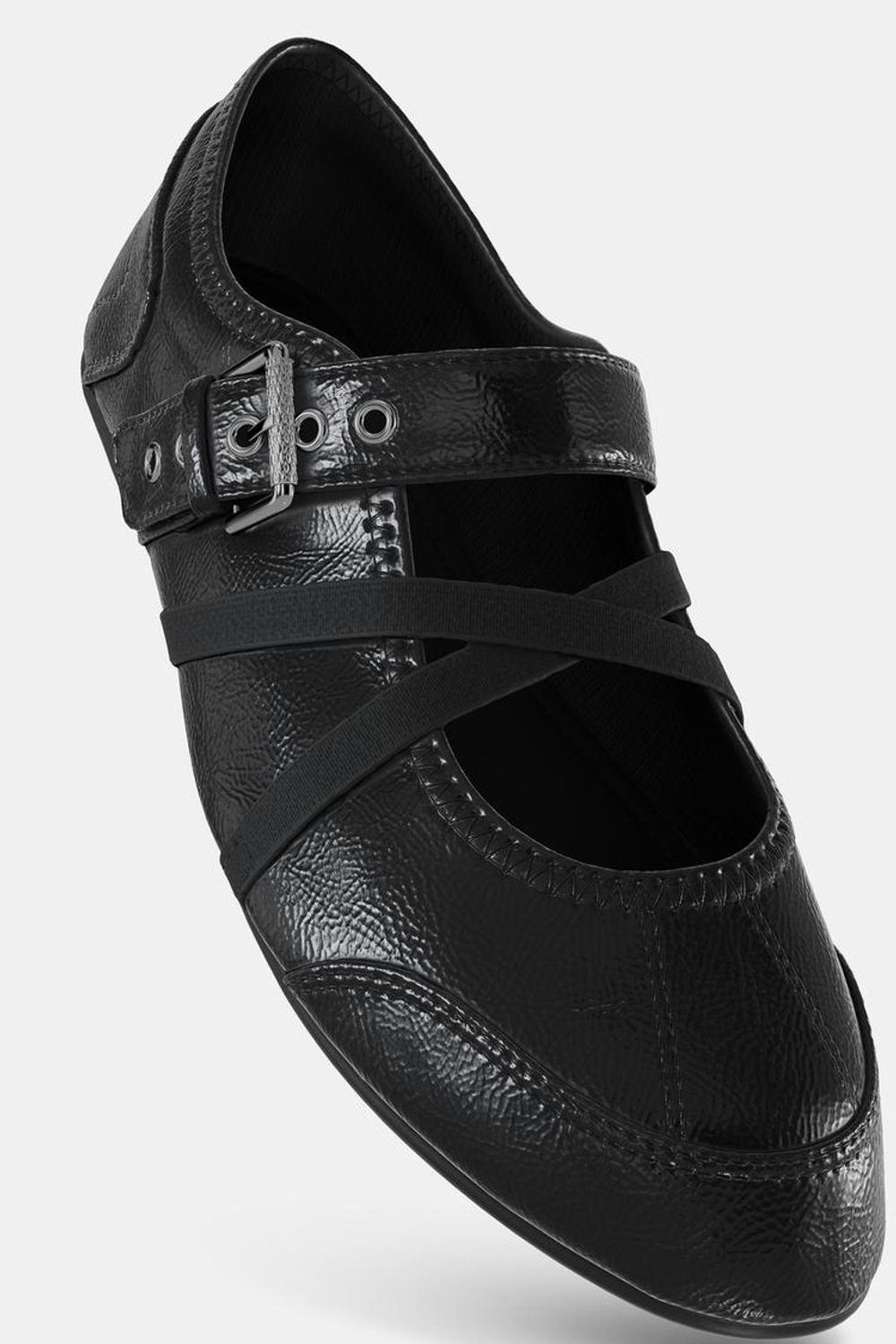 ZARA БАЛЕТКИ ИЗ ЛАКИРОВАННОЙ ИСКУССТВЕННОЙ КОЖИ С ПРЯЖКАМИ, ЧЕРНЫЙ