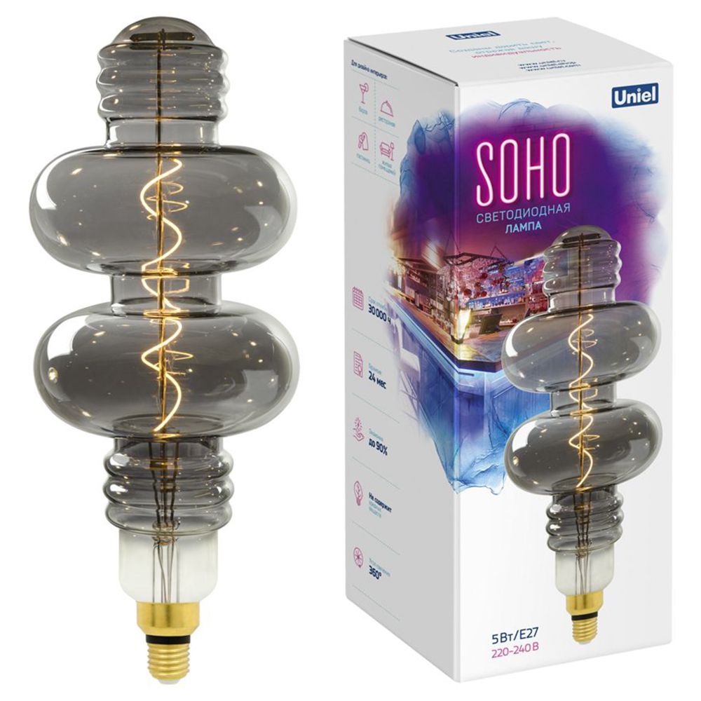 LED-SF42-5W/SOHO/E27/CW CHROME/SMOKE GLS77CR Лампа светодиодная SOHO. Хромированная/дымчатая колба. Спиральный филамент. Картон. ТМ Uniel