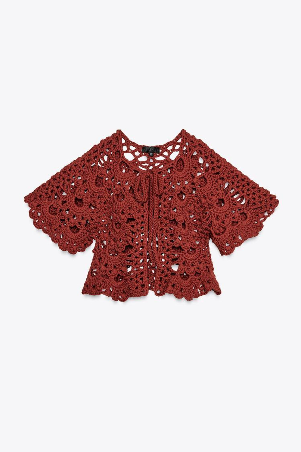 ZARA КАРДИГАН-НАКИДКА ИЗ КРУЖЕВА КРОШЕ, ТЕРРАКОТОВЫЙ