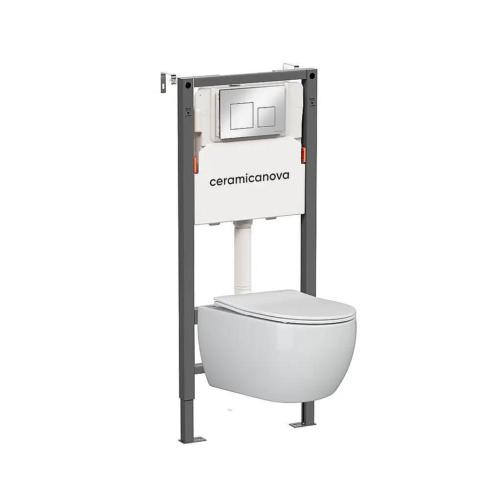Унитаз подвесной Ceramica Play CN3001 белый, безободковый, с инсталляцией Balance CN121002CH и кнопкой Square хром глянцевый
