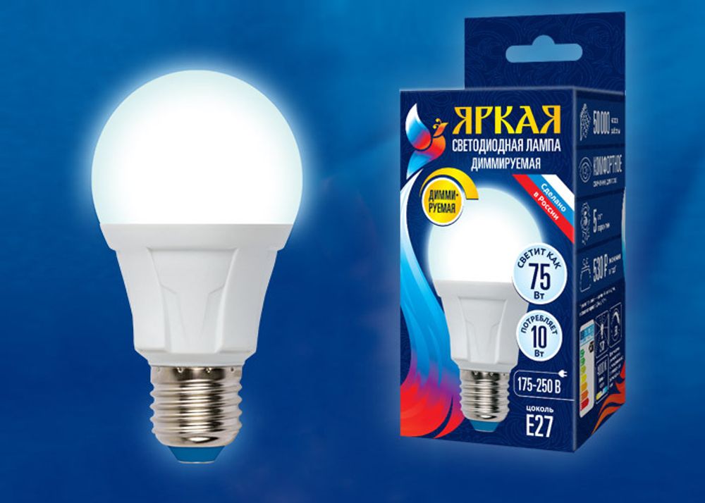 LED-A60 10W/4000K/E27/FR/DIM PLP01WH Лампа светодиодная, диммируемая. Форма «А», матовая. Серия Яркая. Белый свет (4000К). Картон. ТМ Uniel.