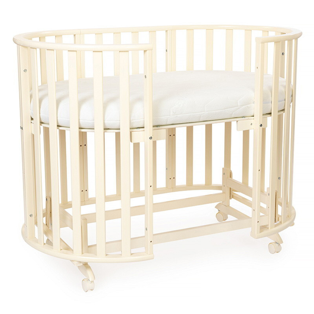 Кроватка-трансформер овальная Vikalex Лоди маятник на колёсах белый