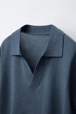 ZARA ПОЛО ИЗО ЛЬНА И ХЛОПКА, ЗЕЛЕНОВАТО-СИНИЙ