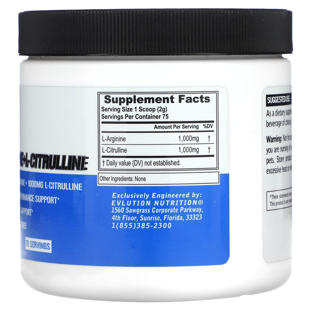 EVLution Nutrition, L-аргинин + l-цитруллин, без добавок, 150 г (5,29 унции)