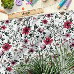 Ткань бифлекс яркие цветы и листья с контуром на белом фоне