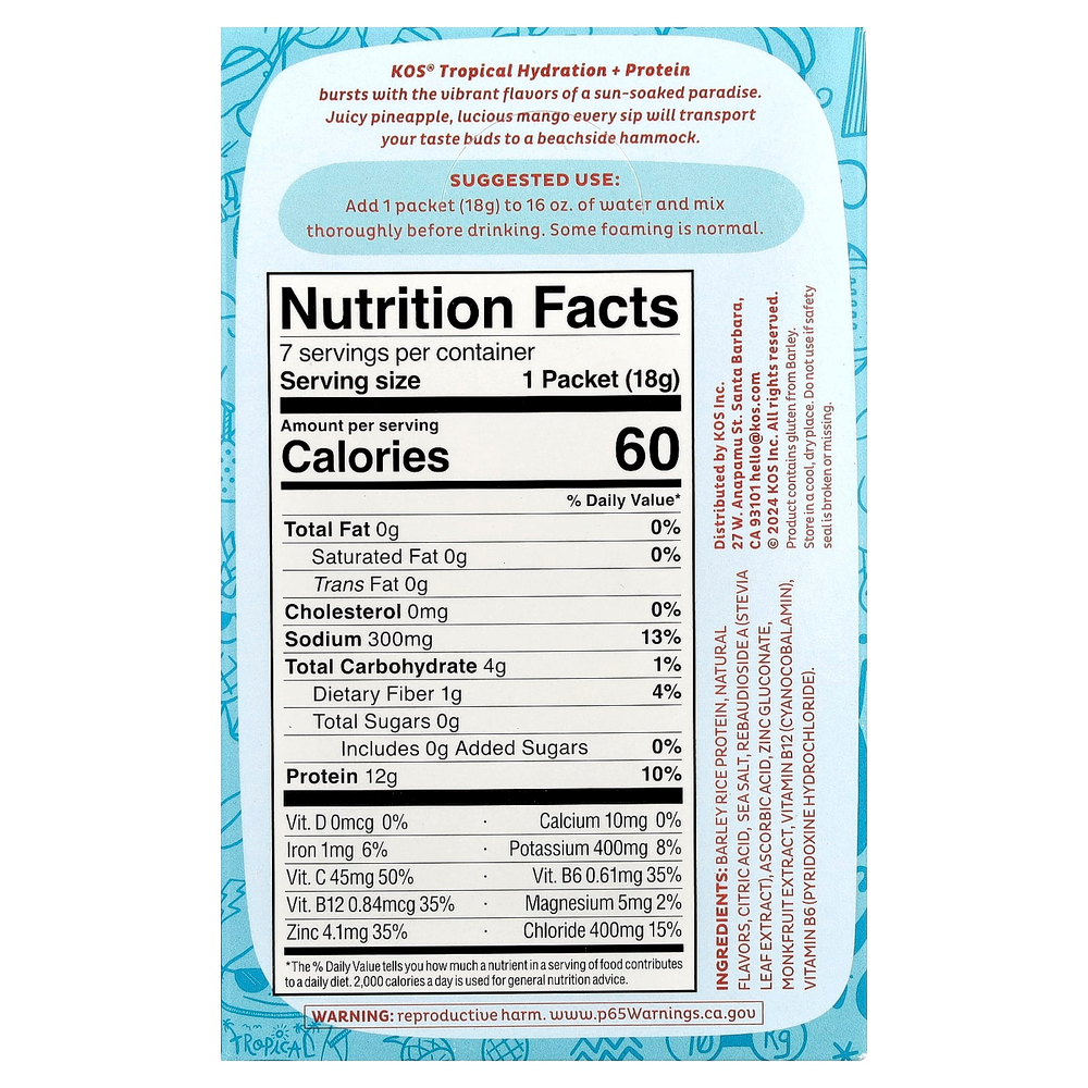 KOS, Hydration + Protein, освежающая смесь для напитков, тропические фрукты, 7 пакетиков по 18 г (0,65 унции)