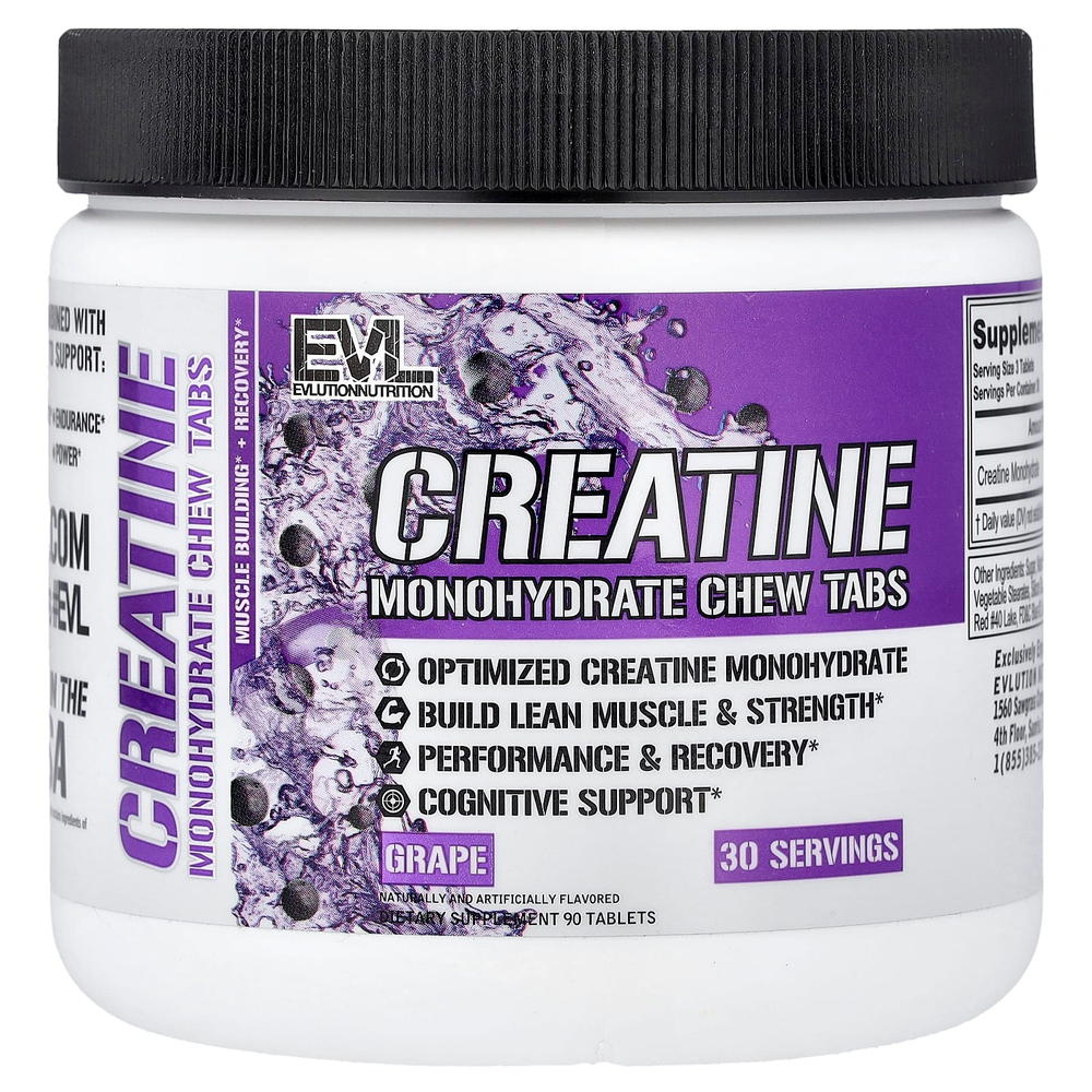 EVLution Nutrition, жевательные таблетки с моногидратом креатина, виноград, 90 таблеток