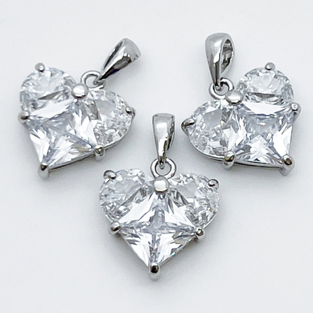 Подвеска Сердце, цвет серебро (родий)+прозрачный, размер 14*14 мм, цена за 1 шт