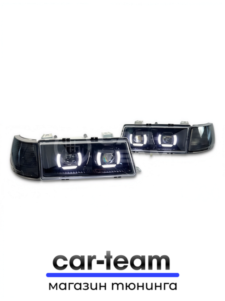 Фары ВАЗ 2110, 2111, 2112 передние с белыми галочками в стиле BMW ver 2.0 c Bi LED модулями, черная маска, тонированные поворотники