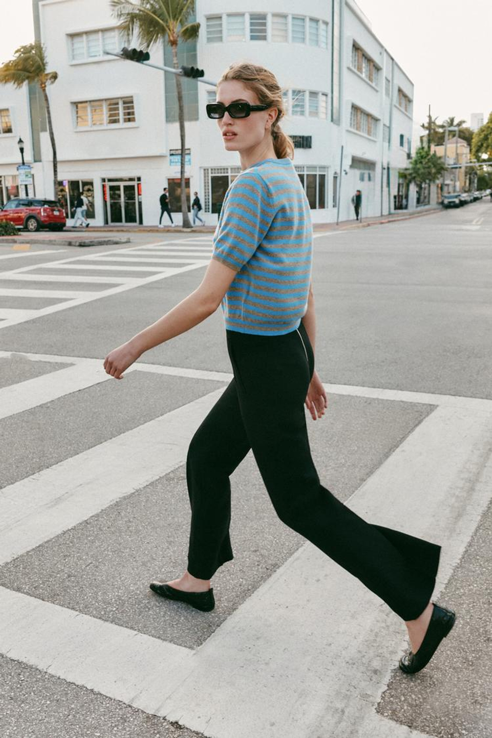 ZARA СВИТЕР ИЗ 100% ШЕРСТИ С КОРОТКИМИ РУКАВАМИ В ПОЛОСКУ, СЕРЫЙ/СИНИЙ