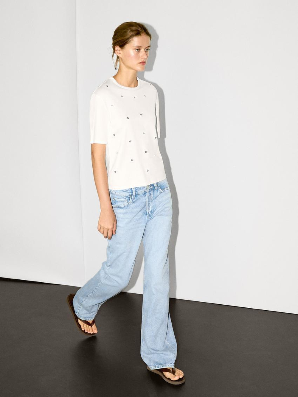 Massimo Dutti Футболка оверсайз с люверсами, натуральный, кремовый