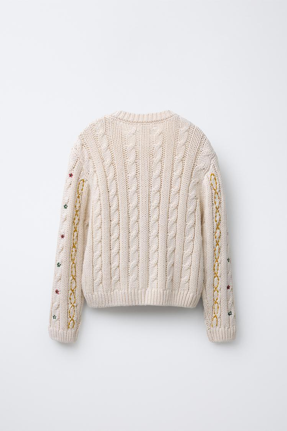 ZARA ВЯЗАНЫЙ КАРДИГАН С ВЫШИВКОЙ И УЗОРОМ «КОСЫ», СЛОНОВАЯ КОСТЬ